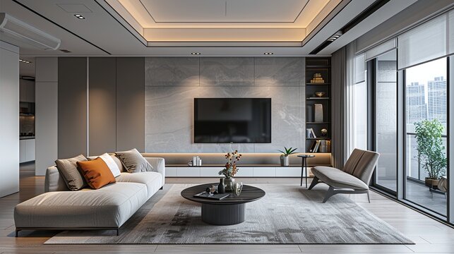 Minimal living room interior design with tv, table and comfortable soft sofa