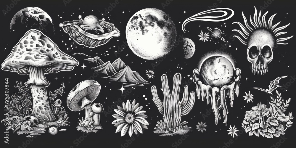 Poster black and white drawing of assorted objects. suitable for educational materials