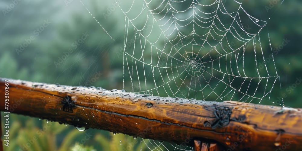 Poster a close-up view of water droplets on a spider web. perfect for nature and macro photography projects