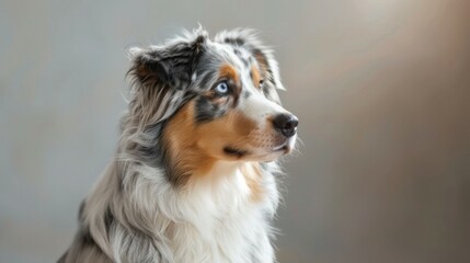 Australian Shepherd dog portrait showcasing tricolor coat and beautiful blue eyes