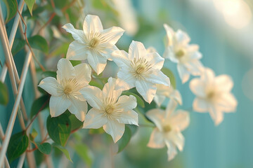 A tangle of delicate clematis climbs a trellis, its starry blooms adorning the garden with their ethereal beauty. Concept of graceful elegance and botanical grace. Generative Ai.