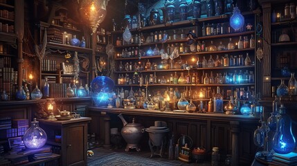 An alchemist's haven of bubbling cauldrons and mystical potions under the soft glow of faerie lights.