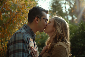 Fototapeta premium A man and a woman kissing in front of trees