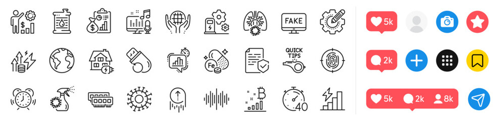 Sound wave, Coronavirus lungs and Fingerprint line icons pack. Social media icons. Bitcoin graph, Time management, Charging station web icon. Vector