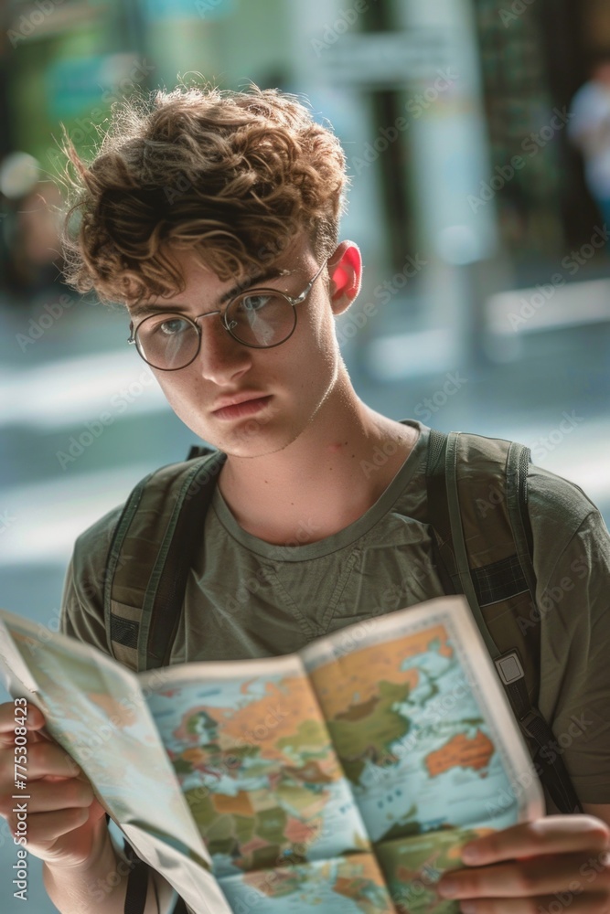 Poster A young man studying a map. Useful for travel and navigation concepts