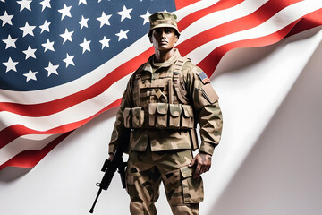 A paper cutout of an American soldier standing before the American flag. Create stunning paper art illustrations! Memorial Day. 4th of July. Veterans Day design.