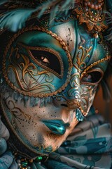 Close up shot of a mask with feathers, great for costume parties