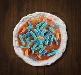 Contaminated pizza concept and tainted meal poisoning symbol resulting in illness due to dangerous toxic bacteria
