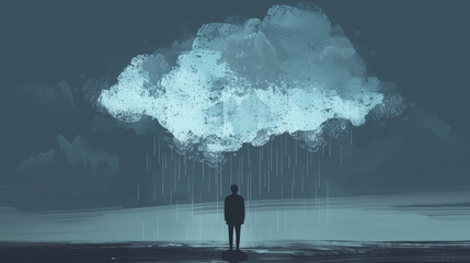 Vector art illustration of a lonely figure under a rain cloud, minimalist design conveys sadness