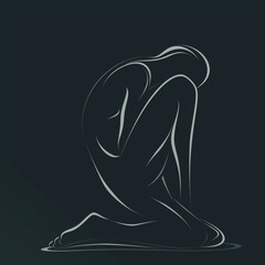 Vector portrait of a figure hugging her knees, isolated on a minimalistic dark background, curved lines and soft shadows depicting introspection and despair, a quiet expression of inner turmoil