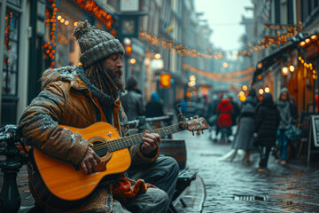 A bustling city square, where one street performer captivates the crowd with their talent, while...
