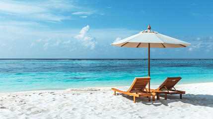 Two sun loungers and a white umbrella on a pristine sandy beach