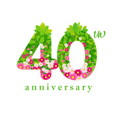Creative green and pink number 40. 40th anniversary concept. Number logo. Up to 40 percent off sale icon. Floral design. Isolated graphic with vector clipping mask. Business banner template. Cute sign