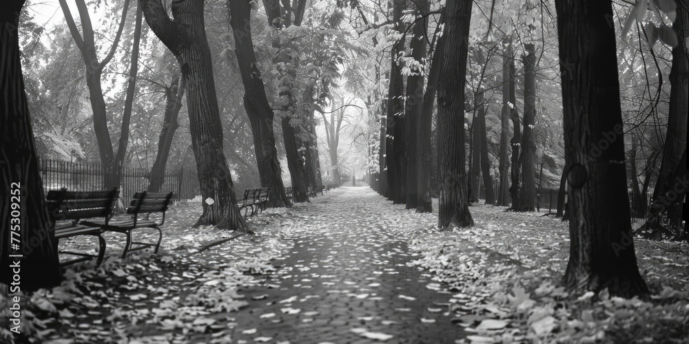 Poster a serene image of a park bench in black and white. suitable for various projects