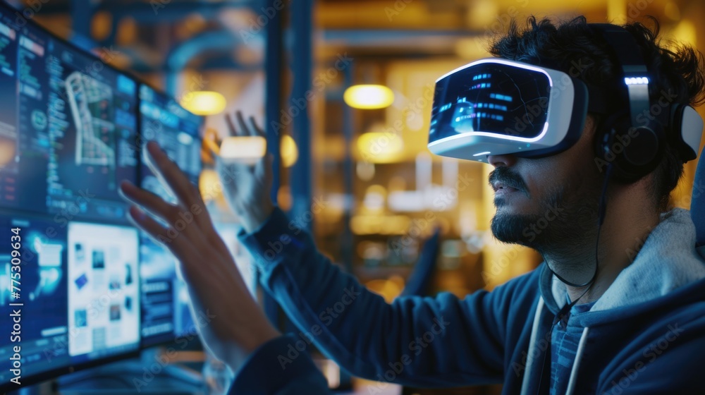 Poster Man using virtual reality headset at computer, suitable for technology concept designs