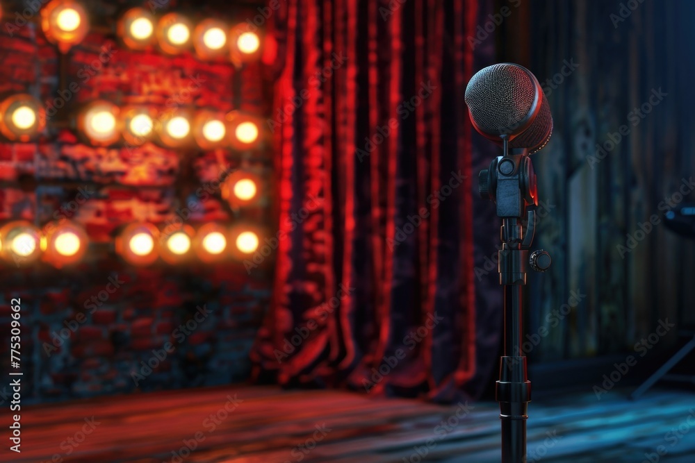 Poster a microphone on a stand in front of a stage. ideal for music or performance concepts