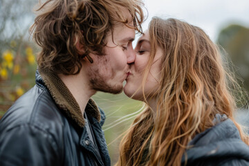 Fototapeta premium A man and a woman kissing with their hair blowing in the wind