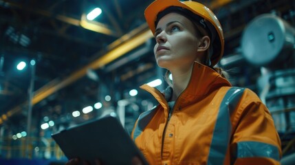 A woman in an orange jacket and hard hat holding a tablet. Suitable for construction or technology concepts - obrazy, fototapety, plakaty