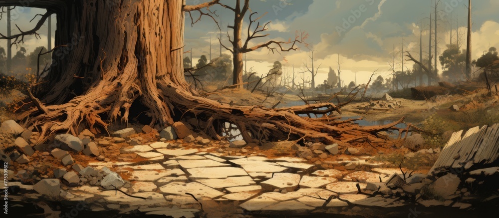 Poster the painting depicts a solitary tree with a pathway running through its center, creating a tranquil 