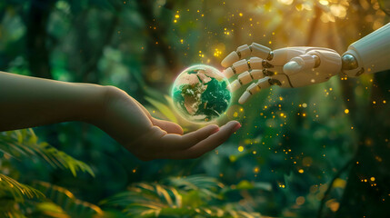 The hands hold plants and a glowing tree representing the life and vitality of nature.