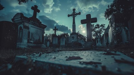 Night time cemetery scene, suitable for spooky or Halloween themes - obrazy, fototapety, plakaty