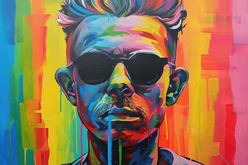 The comic colourful picture of the short hair male adult human head and has been wearing sunglasses with straight face yet picture fill with various colour that make picture fill with emotion. AIGX01. - obrazy, fototapety, plakaty