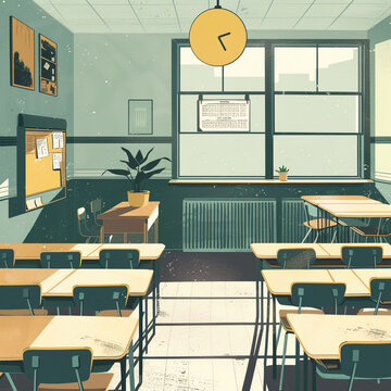 Sal&oacute;n de clases estilo retro, ilustraci&oacute;n digital 