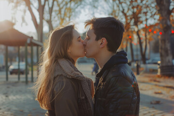 Fototapeta premium A man and a woman are kissing in a park