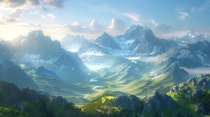 contrast between sunlit peaks and shadowed valleys in a mountainous landscape