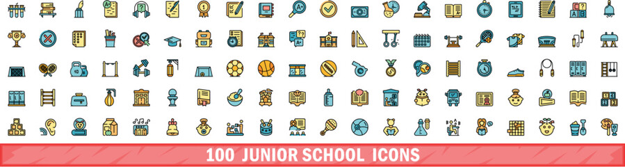 100 junior school icons set. Color line set of junior school vector icons thin line color flat on white - obrazy, fototapety, plakaty