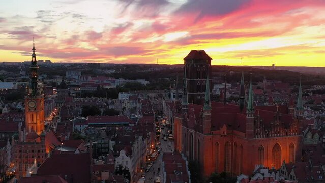 Beautiful architecture of the Main Town of Gdansk at sunset. Poland