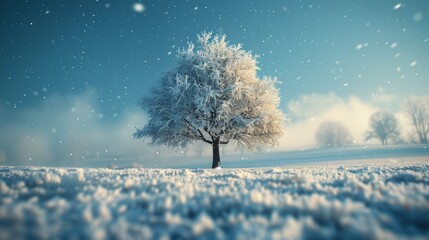Isolated tree in frosty field with snowflakes and cold hues, backlighting, sharp details - obrazy, fototapety, plakaty
