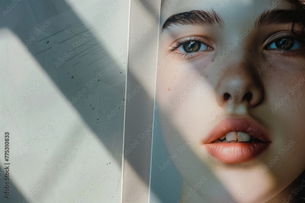 Poster close-up of a woman's face seen through a window. suitable for concepts of isolation and introspecti