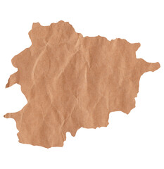 Map of Andorra made with crumpled kraft paper. Handmade map with recycled material