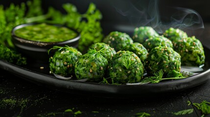 Tamei's Egyptian dish is green balls made from a mixture of legumes, herbs, onions and eggs on a black flat ceramic plate.