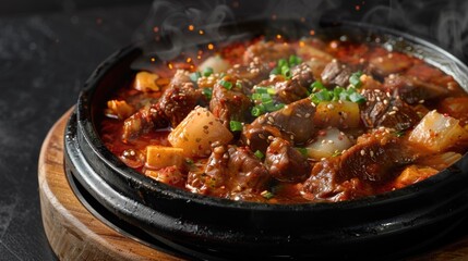 A delicious bowl of stew with meat and vegetables. Perfect for food blogs or recipe websites