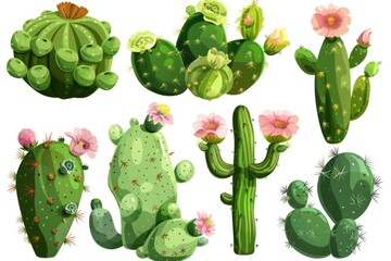 A collection of different cacti and blooming flowers. Ideal for botanical illustrations or desert-themed designs