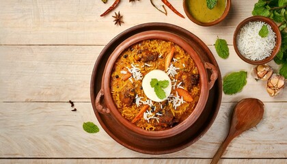 Satisfying Feast: Matka Dum Biryani Enhanced with Yoghurt and Curry Sauce - obrazy, fototapety, plakaty