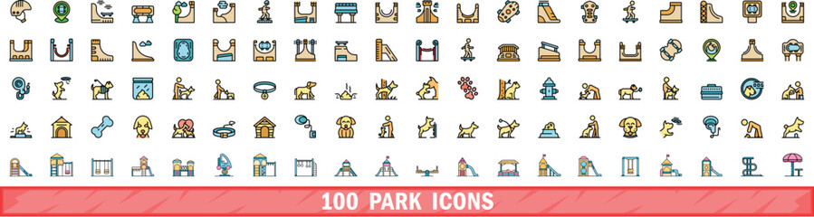 100 park icons set. Color line set of park vector icons thin line color flat on white