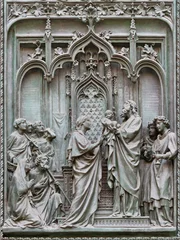 Poster MILAN, ITALY - SEPTEMBER 16, 2024: The detail from main bronze gate of the Cathedral -   Presentation of Jesus in the temple -  by Ludovico Pogliaghi (1906). © Renáta Sedmáková
