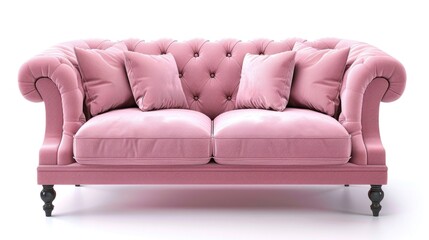 A pink couch with decorative pillows, perfect for home decor websites