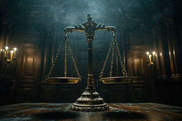 Scales of justice inside a dark court hall in a cinematic style with soft rays behind it. Legal concepts of judiciary, Jurisprudence and justice. - obrazy, fototapety, plakaty