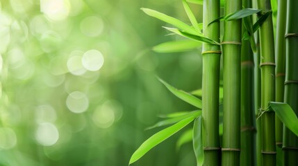 Green bamboo stalks capture nature's tranquility with a serene bokeh background - obrazy, fototapety, plakaty