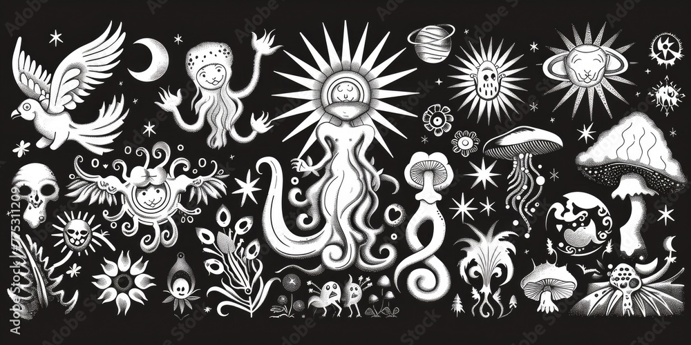 Poster a detailed black and white drawing of various objects. suitable for educational materials or design 
