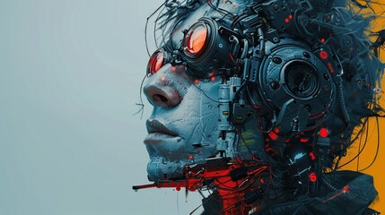 Close-up portrait of a mechanical semi-cyborg human head wearing glasses in digital art style. The metaverse and the digital man. - obrazy, fototapety, plakaty