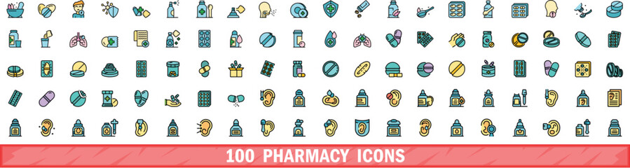 100 pharmacy icons set. Color line set of pharmacy vector icons thin line color flat on white - 775311280