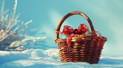 A wicker basket with a red bow sitting in the snow. Suitable for winter holiday concepts