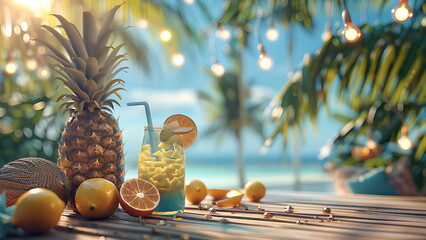cocktail on wood table with summer theme decoration. with generative ai