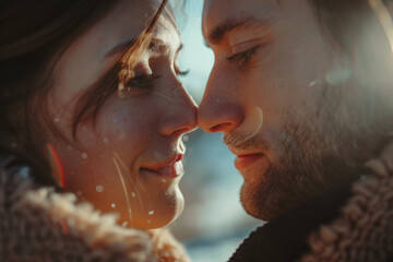 A man and a woman are touching their noses - obrazy, fototapety, plakaty