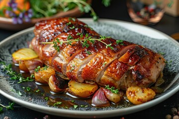 Close-up of sliced roast duck meat served on a plate on the table.